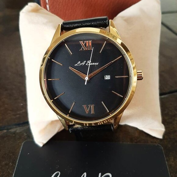 La Banus Men's Roman Numeral Gold & Black Leather Watch - Picture 2 of 5